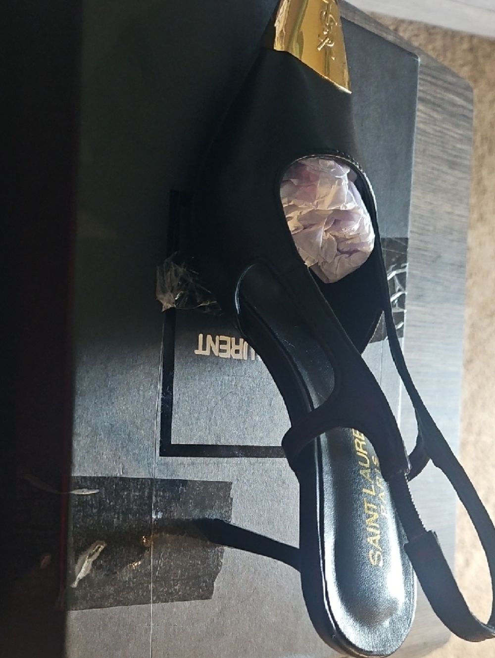 Saint Laurent Black Leather Slingback Pump with Gold Cap Toe - Picture 3 of 3